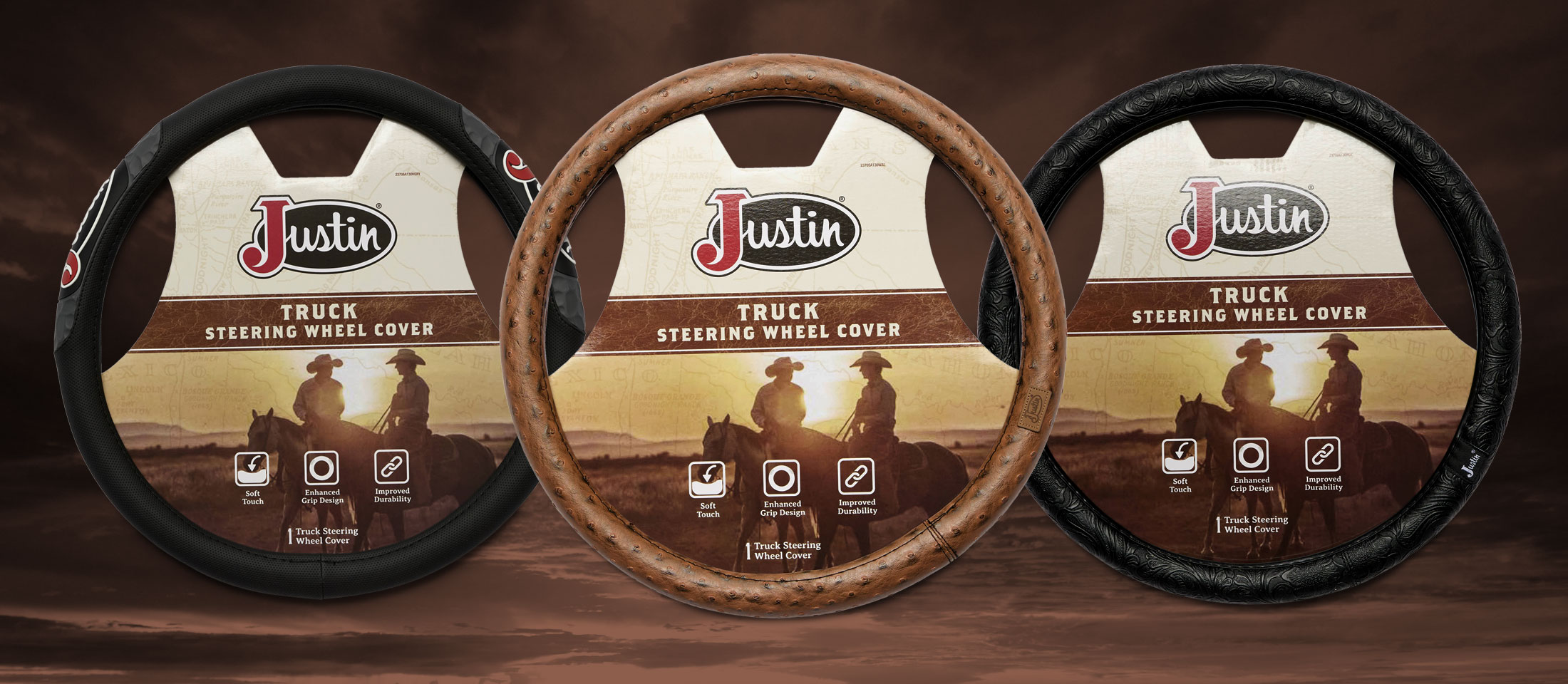 Three Justin Truck Steering Wheel Covers.